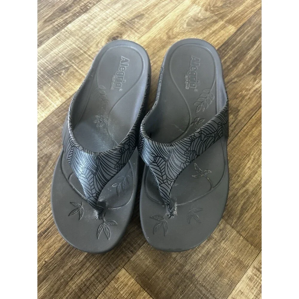 Alegria Gray And Black Synthetic Thong Slip-On  Sandals Comfort Women Size 8